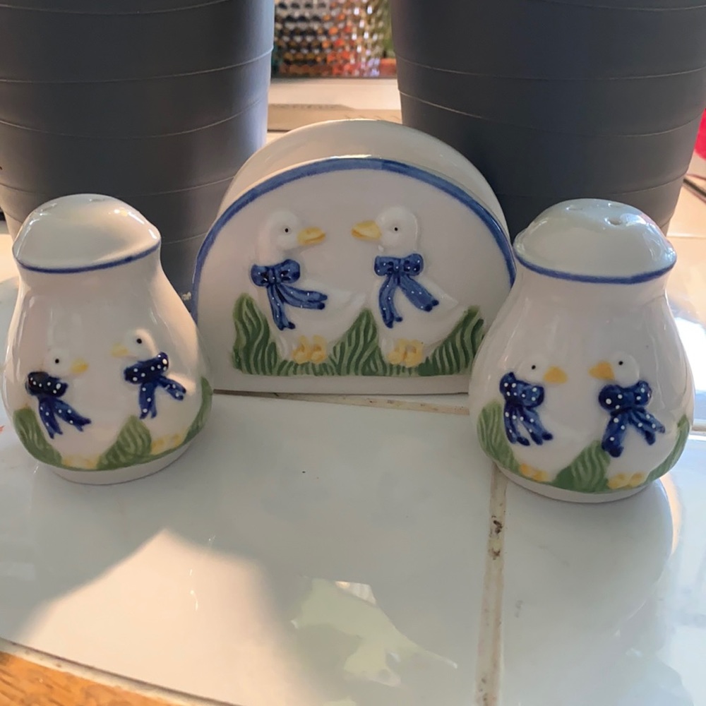 Salt, pepper shakers with matching napkin holder.